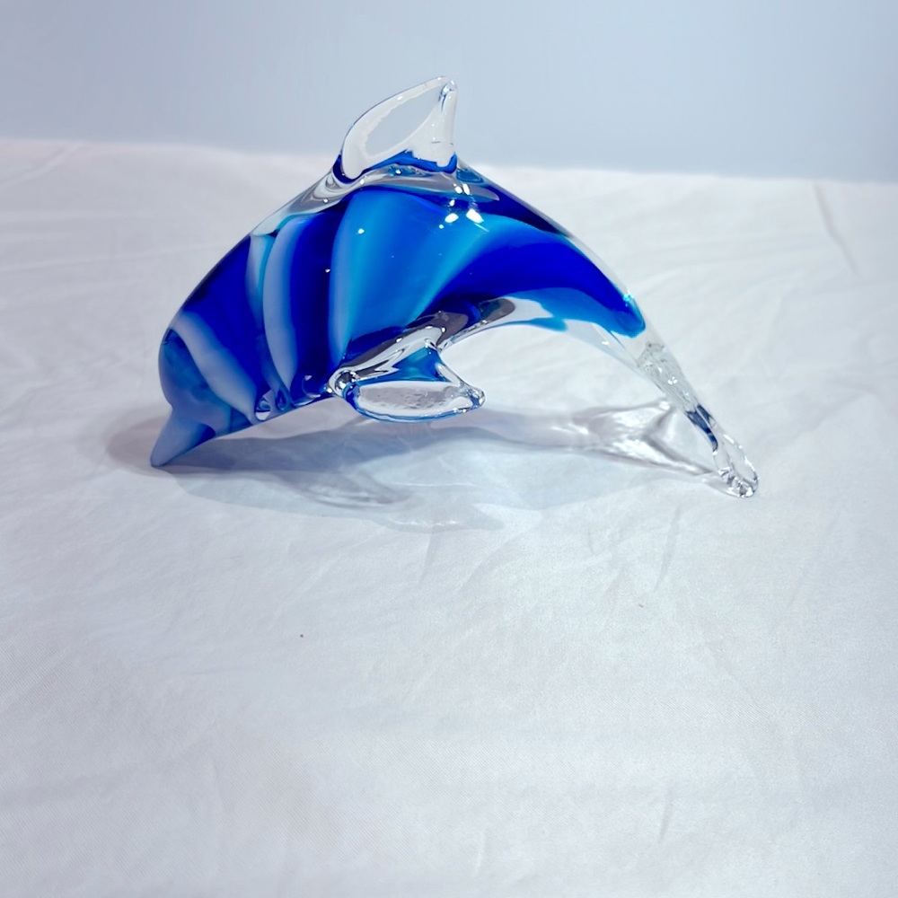 Hand Blown Glass Art Dolphin Figurine | Cobalt Blue and White Swirl Pattern